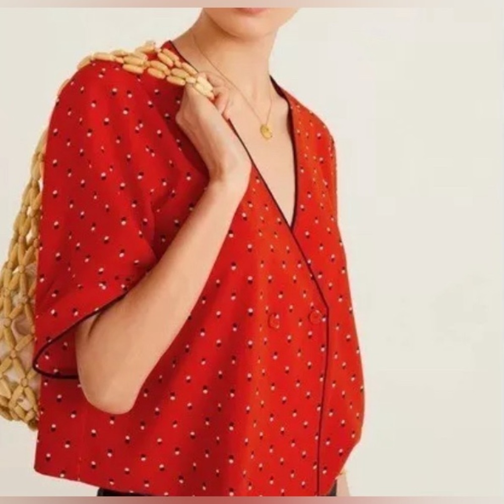 New! Womens MNG MANGO RED POLKA DOT BUTTON FRONT V NECK RELAX FIT BLOUSE SZ-4